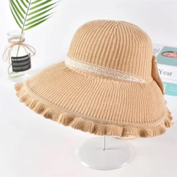 Модни однотонная солнцезащитная шапка с лък, шапки с големи широки поля, шапки, със защита от ултравиолетови лъчи за жени, дамски летни богемные плажни панама