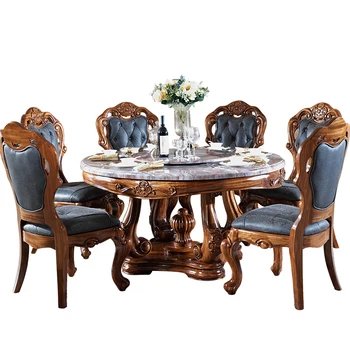 Мрамор с превръщането на масата Домакински мебели от удженского дърво с Голяма кръгла маса за хранене с шест стола Комбинирана мебели за вила