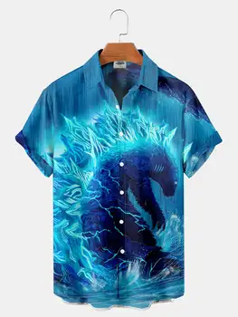 Мъжка класическа риза с принтом морско чудовище, прохладна лятна градинска мъжки и дамски риза в стил двойки, къса риза с ревера на една пуговице