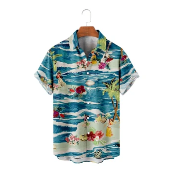 Мъжки ежедневни хавайски ризи с плажни принтом, Ризи с къс ръкав, прохладни летни блузи, реколта дишащи