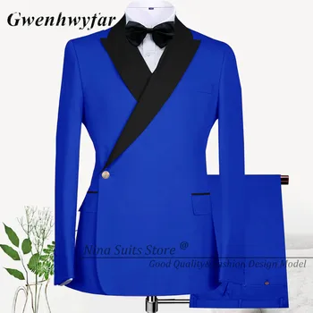 Мъжки костюми на Кралския син цвят Gwenhwyfar 2023, Изработена по поръчка Черно Сако с Ревери и страничните копчета, Панталони с Добро качество, Мъжки Празничен Костюм