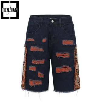 Мъжки Летни скъсани къси дънки с бродерия Fashion Hi Street, скъсани дънкови шорти Y2K с дупки, градинска облекло