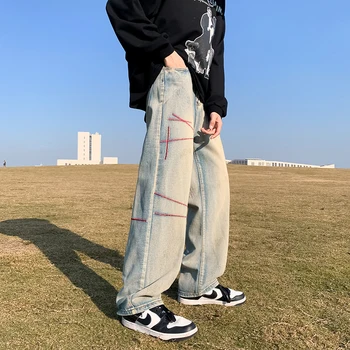Мъжки модни младежки популярни дънки с бродерия ins, свободни преки нови японски Широки широки ежедневни Y2kTrousers черно, синьо 3XL
