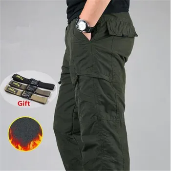 Мъжки памучни панталони-карго 2023, Зимни топли ежедневни панталони от плътна отвътре, мъжки провиснал тактически панталони в стил милитари с много джобове