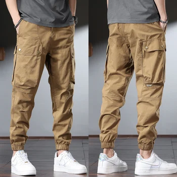 Мъжки панталони-карго от 100% памук, тактически ежедневни панталони в стил хип-хоп камилска козина цветове, широки жълти панталони за джогинг CP2275