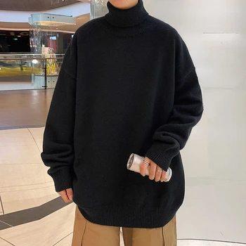 Мъжки пуловер, пуловер, нов пуловер с висока воротом, дълъг случайни пуловер, лятна и зимна готина однотонная мъжки дрехи в корейски стил
