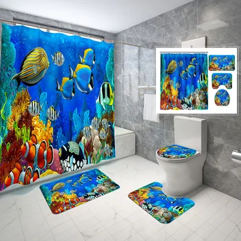 Набор от завеса за душ с тропически рибки, Хавай, подводници, морска риба, 4 бр., нескользящий подложка за баня, капака на тоалетната чиния, водоустойчив набор от завеса за душ