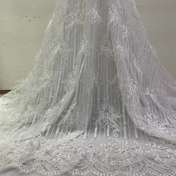 Най-добре продаваният Нова Престижно бяла африканска лейси плат 2019, 3D-перо, вдигане на бродирани мъниста нигерийская вуалевая лейси плат, 1 ярд за младоженци