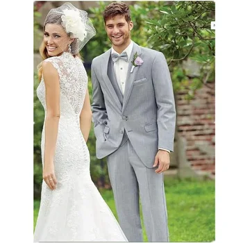 Най-новият дизайн палто и панталони, бизнес мъжки светло сиви костюми, смокинги за младоженеца-най-Добрите мъжки Костюми за сватба/бала (Яке + Панталон + Елек + вратовръзка)