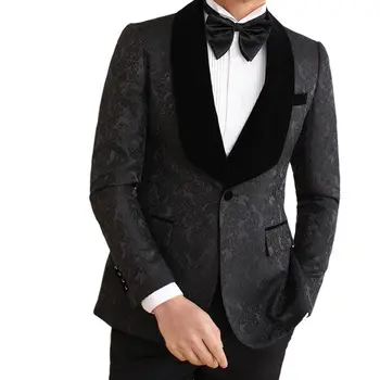 Най-новият изработена по поръчка черен блейзър с принтом на една пуговице и ревера от нежната шалове, 3 предмет, мъжки костюм за младоженеца, сватбена официална рокля Slim Fit Wea