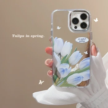 Нов встречающий пролетта на прозрачен фон с цветя Лалета, Калъф за телефон със защита от падане За iPhone 14 13 12 11Promax зеленият Cover Case