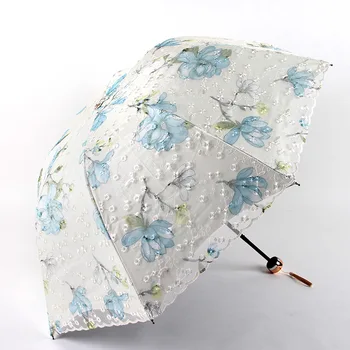 Нов модерен завързана сгъваем чадър принцеса с цветна бродерия, летен открит преносим чадър със защита от ултравиолетови лъчи, Слънчев чадър