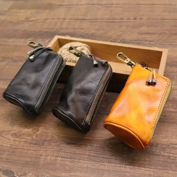 Нова мъжка чанта за ключове от изкуствена кожа, ключодържател, преносими ежедневни модни чанти за съхранение на дома на мълния в ретро стил, двойна чанта за ключове, автомобилна чанта за мъже