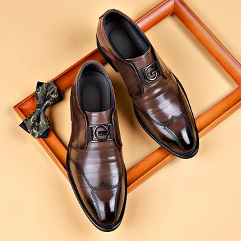 Нова мъжки ежедневни кожени обувки в бизнес стил, кожени обувки за сватбени партита, мъжки тънки обувки