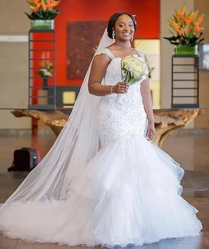 Нови африкански нигерийски стилове, Плюс Размера на Сватбена рокля Русалка Сватба рокли, Бродирани с мъниста Кристални Каскадни набори Дълъг стрелка с форма на струята