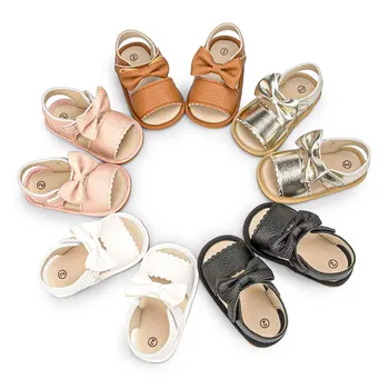 Нови Летни Сандали; Детски обувки принцеса с лък за Новородените Момичета и момчета; Нескользящие Обувки от изкуствена кожа в твърда подметка 0-18 м