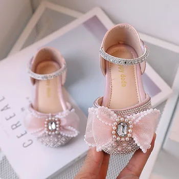 Нови сандали за момичета, украсена с перли, обувки за изказвания, лък, кристали, каишка за щиколотке, кожени обувки, детски летни обувки, 233R