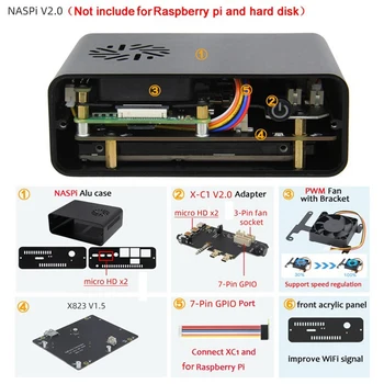 НОВО-Комплект Naspi + Метален корпус + Такса за разширяване на X823 + Такса за X-C1 + Fan PWM За Raspberry Pie SATA HDD/SSD Твърд Диск NAS Сървър за съхранение на