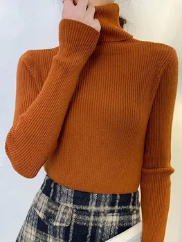Новост 2022, дамски пуловер, Пуловер с висока воротом, есенен пуловер с дълъг ръкав, тънък еластичен корейски Прост Основен евтина жилетка, монофонични топ