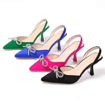 Новост 2023 г.; дамски обувки на висок ток с кристали и лък; модни дамски обувки-лодка в розово-червено на цвят с остри пръсти; пикантни сандали; дамски чехли на висок ток