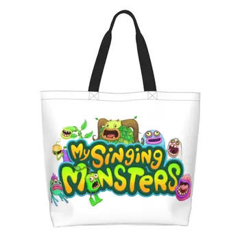 Обичай холщовые чанти My Singing Monsters за пазаруване, женски здрави торбички за пазаруване с голям капацитет
