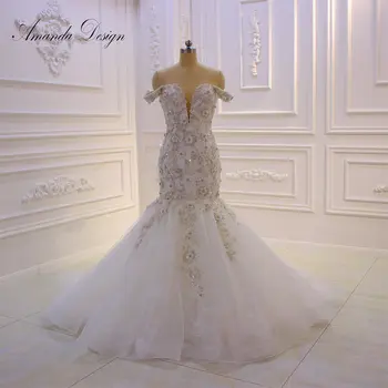 Облечи булката Amanda Design с открити рамене и ръкави, лейси апликация, сватбената рокля на Русалка