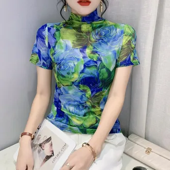Окото тениска с цветен 3D принтом, женска тениска с къс ръкав, реколта секси поло, дамски къса тениска в ретро стил, корейската мода