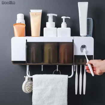 Опаковка на паста за зъби, автоматичен стенен прахоустойчив държач за четка за зъби с чаши, сокоизстисквачка, срок на годност-органайзер за баня