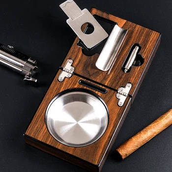 Пепелник за пури DEJAYA Cuban от неръждаема стомана, нож за пури, отварачка за дупки, набор от скоби, Сгъваеми аксесоари за съхранение на дим