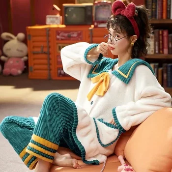 Пижами дамски зимни коралови Плюшен, дебели Плюшени дълъг Пижамный комплекта, есенно-зимна Плюшено комплект, скъпа корейски домашно облекло за почивка