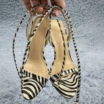 Пикантни сандали на висок ток в ивицата под рисувай зебра, летни сандали 2021 г., дамски официални обувки на висок ток от лачена кожа за банкет