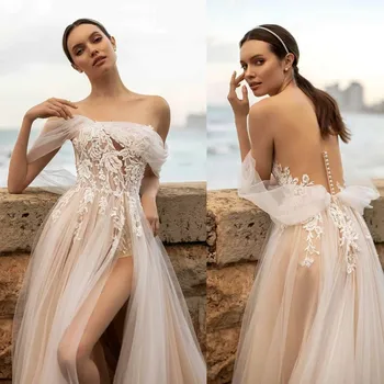 Плажна сватбена рокля в стил бохо, секси дантелени апликации с открити рамене, висок разрез от двете страни, сватбена рокля с илюзията на облегалката, Vestidos De Noiva