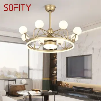 Плафониери SOFITY с вентилатор златен цвят с дистанционно управление, 220 и 110 В, led осветителни тела за бани, хол, Спалня, Ресторанта