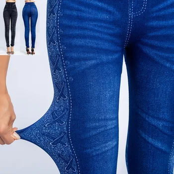 По-големи Размери 3XL, дънкови гамаши от имитация на деним с висока талия, тънки еластични Безшевни тесен панталон-молив, дамски спортни панталони за йога