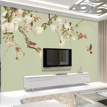 Потребителски фотообои модерен домашен интериор в стил ретро с цветя и птици, ръчно рисувани, хол, телевизор, диван, фон, стенни хартия, стенопис