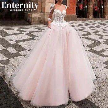 Прекрасни розови сватбени рокли с кръгло деколте и кружевными апликации, сватбени рокли трапецовидна форма с ръкав три четвърти и отворен гръб, Vestidos De Новия