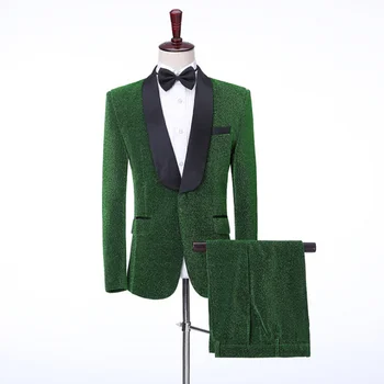 Производителност Блестящи зелени мъжки костюми, 2 броя, черен костюм с ревери, за брак, сватба облекло за младоженеца, оборудвана блейзър Terno Masculino