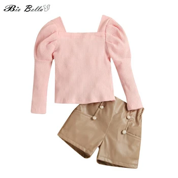 Пролет-есен дрехи за малките момичета, комплект от 2 теми, розови трикотажни блузи в рубчик с дълъг ръкав, риза + кафяви панталони с копчета, от 1 до 5 години