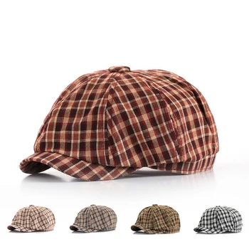 Пролетно-лятна осмоъгълна шапка, клетчатая шапка вестникарче за жени и мъже, памук, полиестер 56-58 см, ретро, литературен стил BT0092