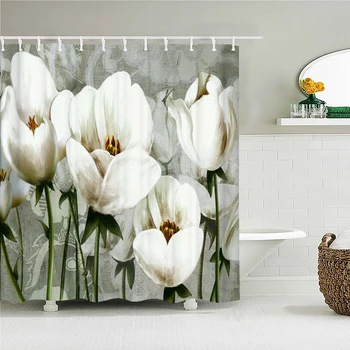 Проста завеса за душ с бяло цвете, Аксесоари за баня, водоустойчив завеса за баня, естетика на аксесоари за дома с куки Cortina Baño