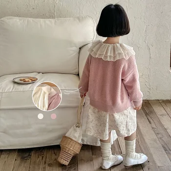 Пуловер за момичета в корейски стил, 2023, Новият есенен вязаный жилетка с мрежесто яка на Палто