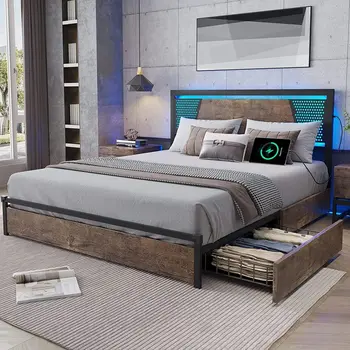 Пълен размер на рамка на легло с 2 честота станции USB, метална платформа-легло с led осветление