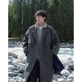 Разборчивые зимните дълги палта, Мъжки ежедневни обикновена вълнени якета Мъжки свободни двубортные корейски вълнени палта за Мъже
