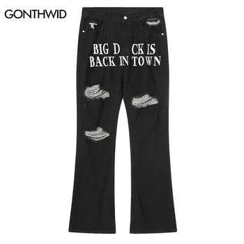 Реколта мъжки дънки Y2K, градинска облекло в стил хип-хоп, с бродерия под формата на писма, скъсани, с дупки, широки дънкови панталони, модерни Панталони, черен, син
