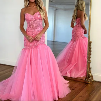 Розова рокля за абитуриентски бал в стил Русалка 2023, скъпа облегалка, Лейси Апликация, Beading, останаха без ръкави, секси вечерна рокля за парти