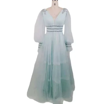 Рокля за абитуриентски бал с дълги ръкави и V-образно деколте, расшитое мъниста, вечерна рокля в Дубай трапецовидна форма, официално женствена рокля
