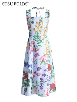 Рокля с флорални принтом от кристали SUSU елегантна рокля с шнур, на оглавник, висока талия, без ръкави, ежедневни дамски плат, Ново лято 2023 СУ-B111