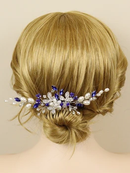 Романтичен син гребен за коса с кристали, перли, листа, сватбена украса за коса, ръчно изработени, дамски аксесоари за коса за партита, сватбени шапки