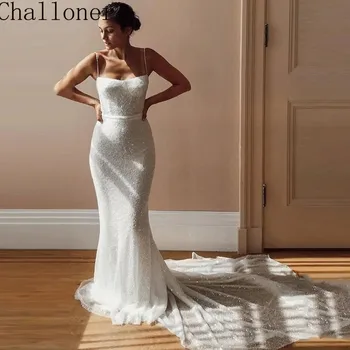 Сватбена рокля на русалка на тънки спагети презрамки Challoner за булката 2023, расшитое мъниста, Vestido de Новия, секси придворен струята на поръчка