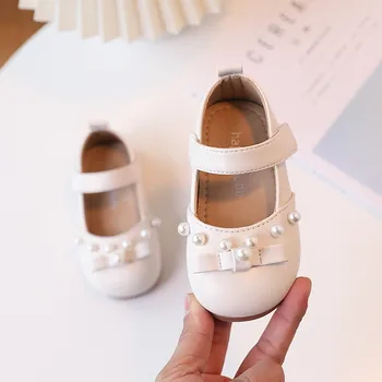 Сватбени обувки за момичета, бели обувки на принцесата с перли Мери Джейн, детски кожени обувки за малки момичета, пролет-Есен 220Р